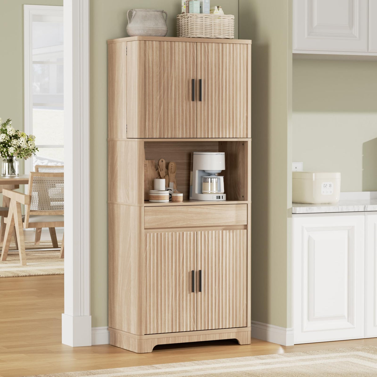 FiveWillowise 70.1" Tall Fluted Pantry Cabinet, Kitchen Storage with Countertop for Microwave, Modern Pantry Organizer Cupboard with Drawer for Dining, Living Room, Natural Wood FiveWillowise