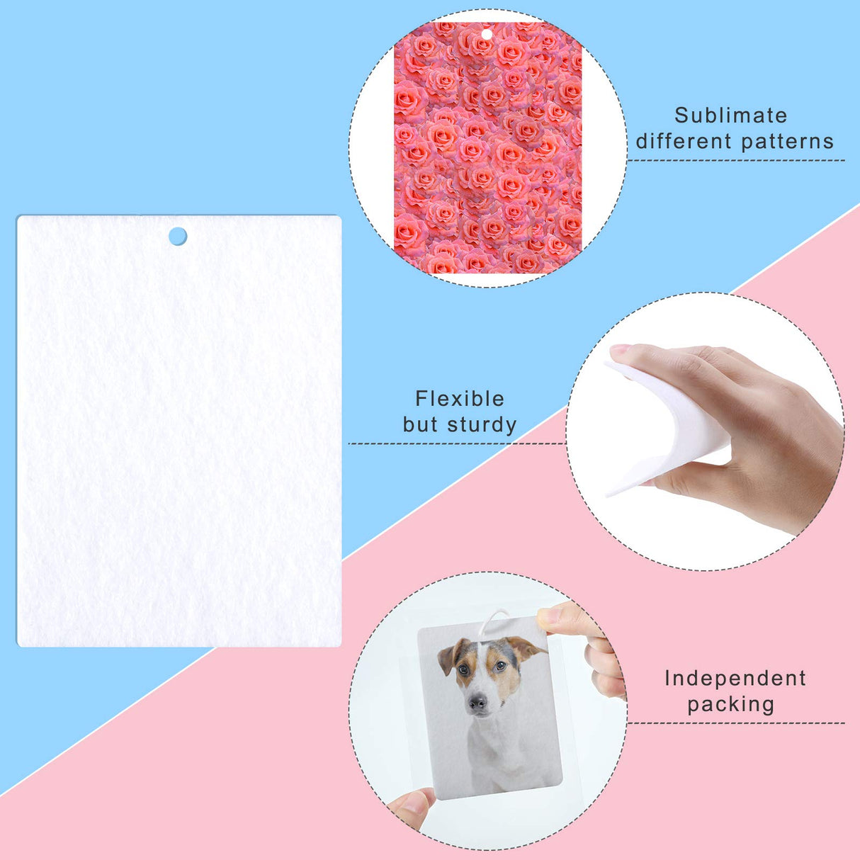 50 Pieces Sublimation Air Freshener Blank Sheets Car Scented Hanging Felt Air Freshener White Fragrant Sheets with 100 Pieces Bags and Elastic Rope for Interior Use and Decor Maitys