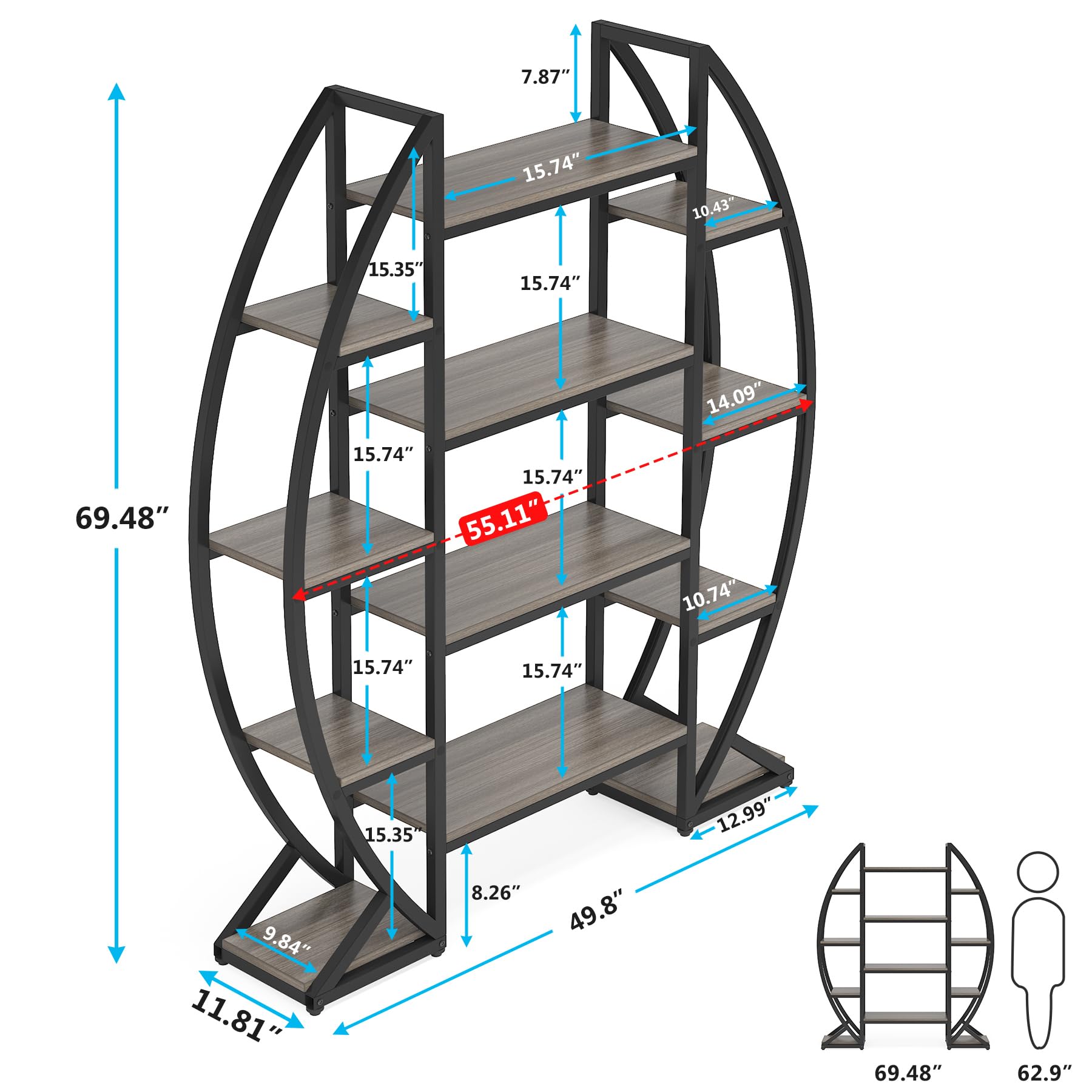 Tribesigns Industrial Elegant Oval 5-Tier Bookshelf in Grey - WoodArtSupply