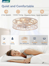 LEDIARY Caged Ceiling Fans with Lights, White Flush Mount Ceiling Fan with Remote, Small Low Profile Bladeless Ceiling Fan Light Fixture for Bedroom, Kitchen, Dining Room-White Gold Color LEDIARY