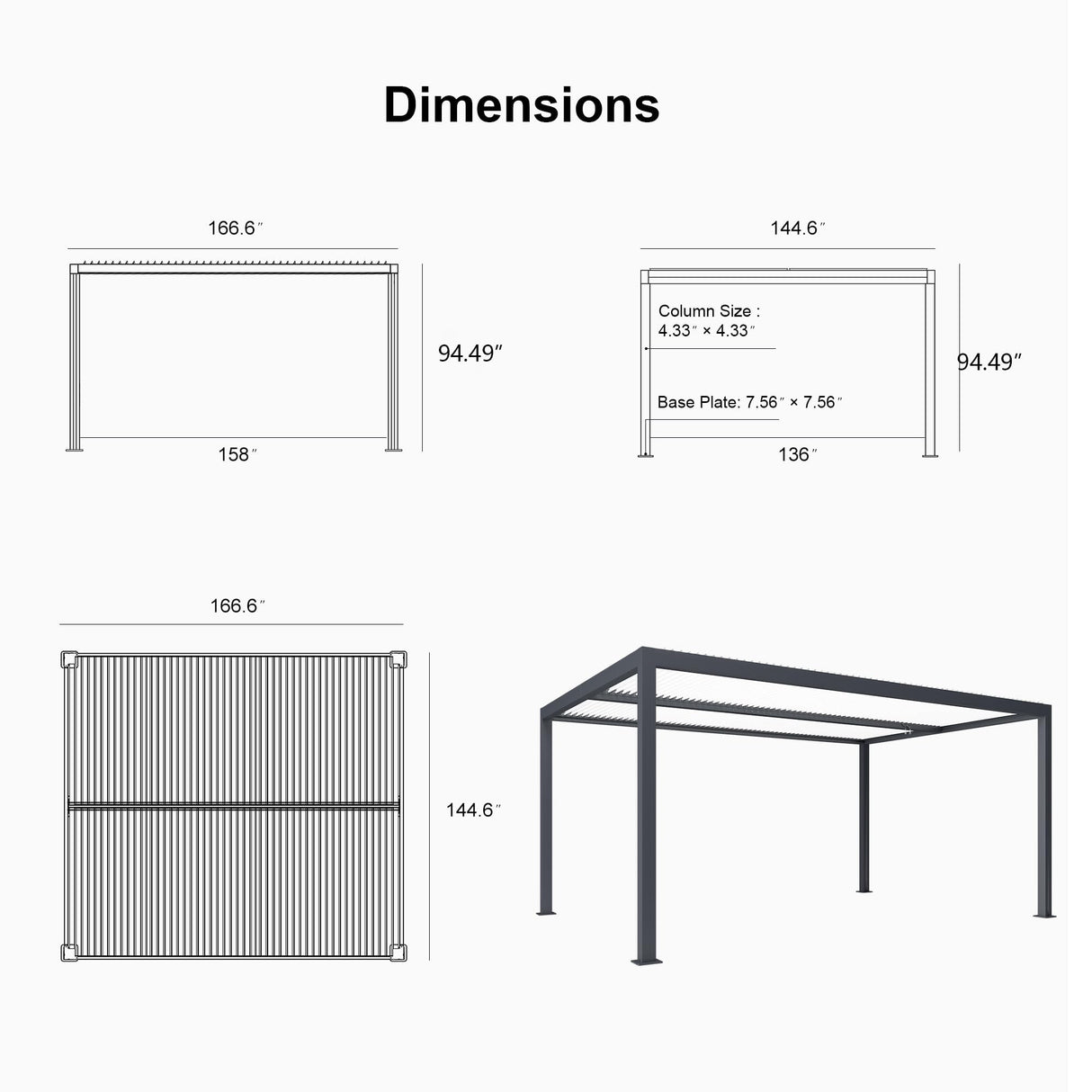 PURPLE LEAF Louvered Pergola 12' x 14' Outdoor Aluminum Pergola with Hidden Drainage System and White Adjustable Sun Shade Roof Patio Hardtop Large Pergolas for Patio Dining Backyard Deck PURPLE LEAF