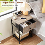 AMHANCIBLE Night Stand, End Tables Living Room Set of 2, Small Nightstand with Charging Station, Slim Bed Side Table with Fabric Storage Drawer for Bedroom, Small Space, Greige, HET03SDPGY AMHANCIBLE