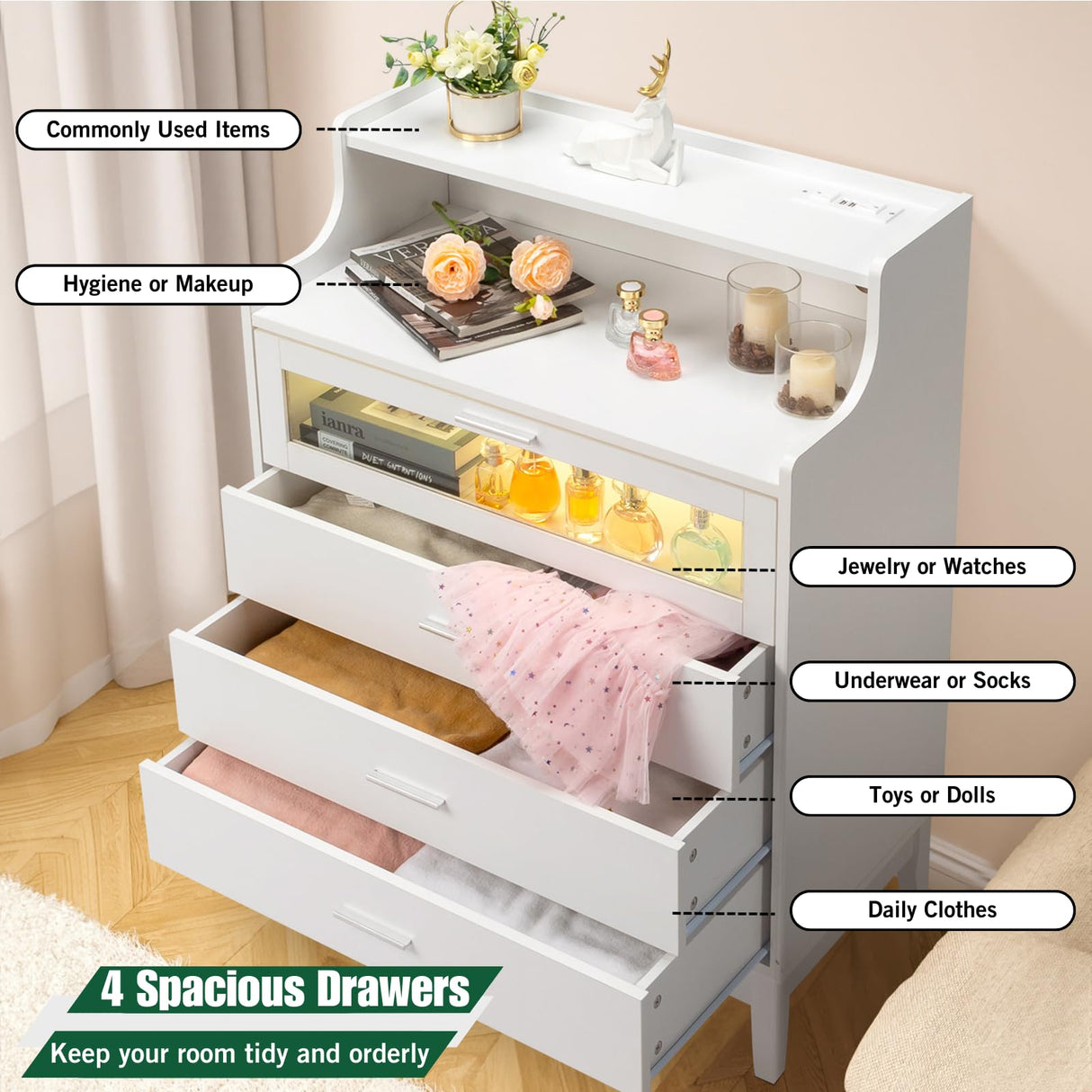 Karl home White Dresser for Bedroom, 4 Drawer Dresser with LED and Charging Station, Wooden Chest of Drawers with Shelf and Glass Drawer, Modern Bedroom Furniture, Living Room, Hallway Karl home