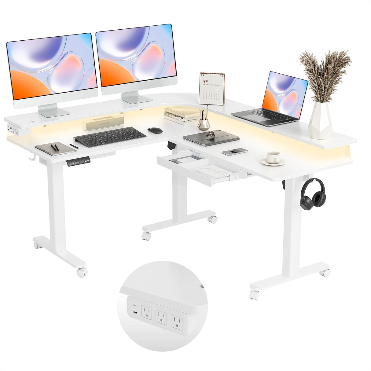 Claiks 63" L Shaped Standing Desk with Drawers and LED Lights, Height Adjustable Electric Corner Standing Desk with Monitor Stand & Power Outlet, 4 Memory Preset, White Claiks