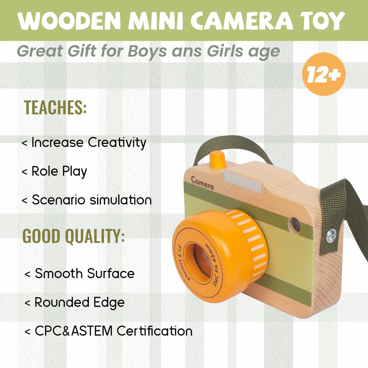 Wooden Mini Pretend Camera Toy with Real Sounds and Light for Toddlers 1 2 3 Years Old, Neck Hanging Photographed Props for Boys Girls Children Kids