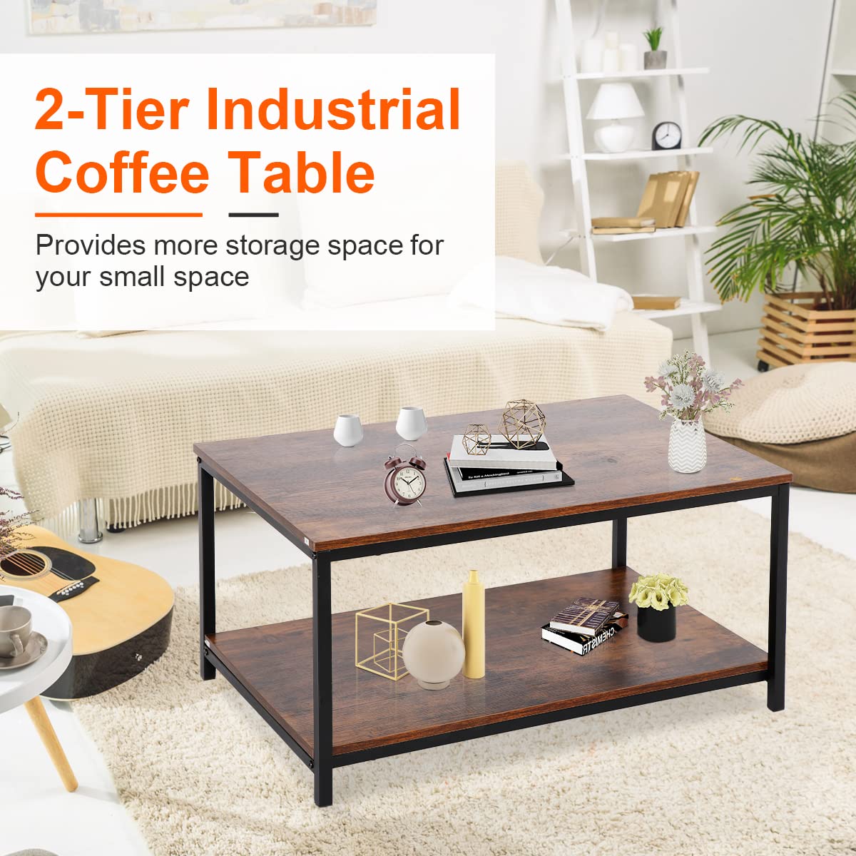 ZenStyle Industrial Coffee Table with Storage Shelf for Living Room, Wood Look Accent Furniture with Vintage Wooden Board Stable Metal Frame Cocktail Table 2-Tier Tea Table, Rustic Brown - WoodArtSupply