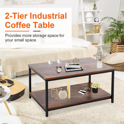 ZenStyle Industrial Coffee Table with Storage Shelf for Living Room, Wood Look Accent Furniture with Vintage Wooden Board Stable Metal Frame Cocktail Table 2-Tier Tea Table, Rustic Brown - WoodArtSupply