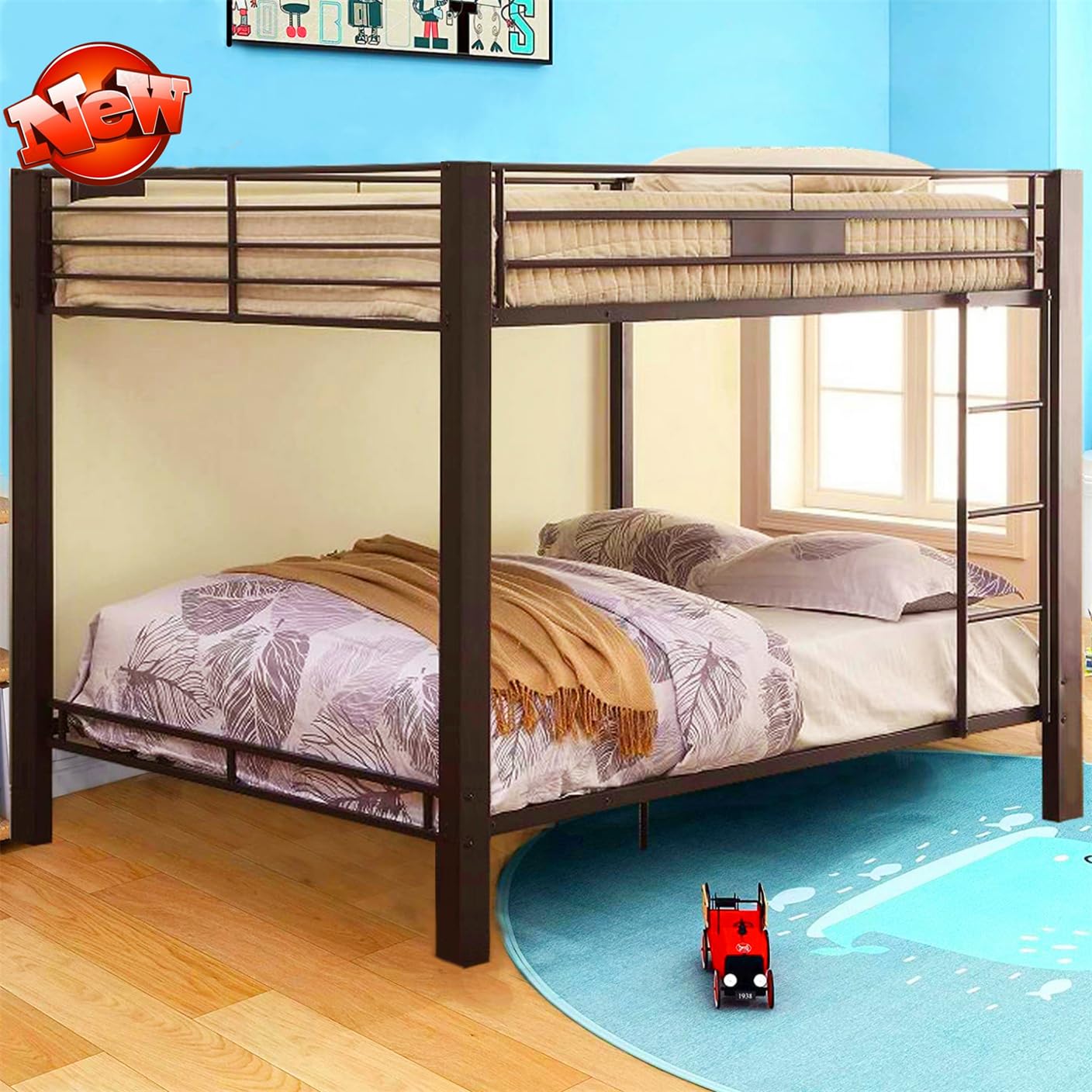 ULUCAN Reinforced Version and Stronger Metal Bunk Bed Queen Over Queen Size, More Stable Heavy Duty More Rust-Proof Steel Bunk Queen Bed with Thickened Legs (Faster Assembly) (Queen Over Queen)