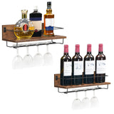 HOOBRO Wall Mounted Wine Rack 2 Pack, Wine Shelf Hanging Floating Wall Shelves, Wine Glass Bottle Rack Stemware Holder, for Living Room, Dining Room, Kitchen, Rustic Brown and Black BF28BJ01 HOOBRO