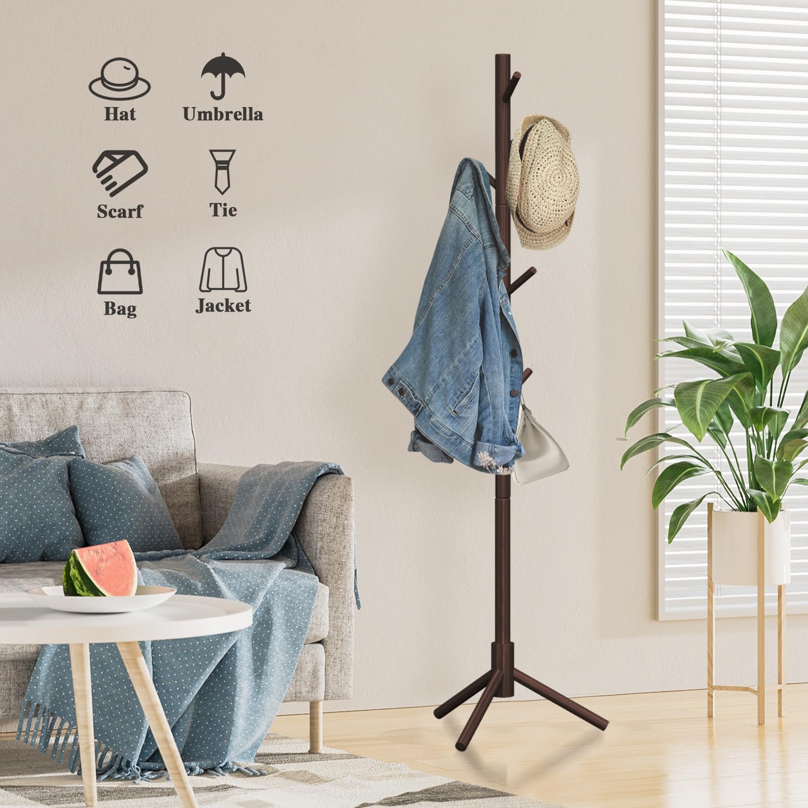 Z&L HOUSE Coat Rack Freestanding, Pure Natural Solid Wooden Coat Tree, 8 Hooks And Adjustable Height Floor Hanger, Used In The Bedroom Living Room Office To Hang Clothes, Hats, Bags - WoodArtSupply