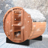 iDOTODO Outdoor Barrel Steam Sauna, 4-6 Person Wood Sauna Room with 6kw Harvia Electric Heater with Sauna Stone, Canadian Helmock Wooden Sauna, Sauna Accessories and Asphalt Shingle Roof (Red Ceder) iDOTODO