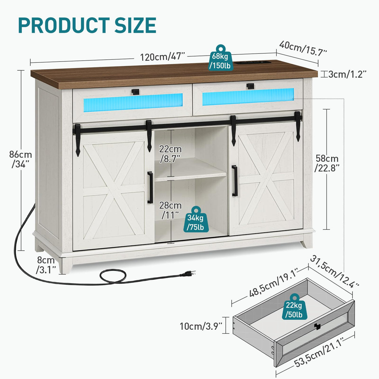RALGEND White Farmhouse Storage Cabinet, Sideboard Buffet Cabinet with Storage, Kitchen Buffet Storage Cabinet with Power Outlet & LED Light, Coffee Bar Cabinet with Sliding Barn Doors & 2 Drawers RALGEND