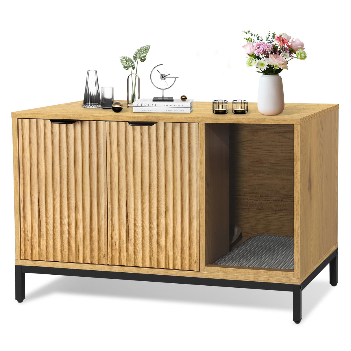 QuicMiou Cat Litter Box Enclosure, Hidden Litter Box Furniture with Metal Legs, Side End Table Indoor Washroom Cat House Storage Cabinet 31.5 x 19.7 x 20.6 Inches (Natural Oak) QuicMiou