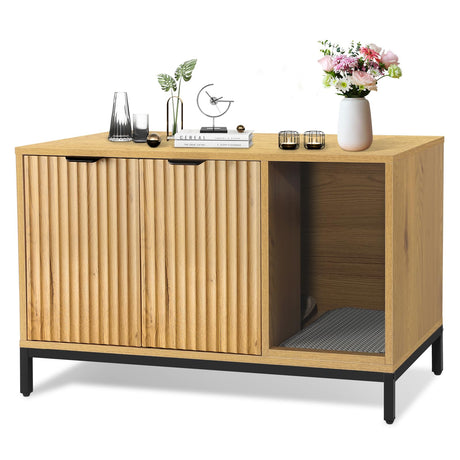 QuicMiou Cat Litter Box Enclosure, Hidden Litter Box Furniture with Metal Legs, Side End Table Indoor Washroom Cat House Storage Cabinet 31.5 x 19.7 x 20.6 Inches (Natural Oak) QuicMiou