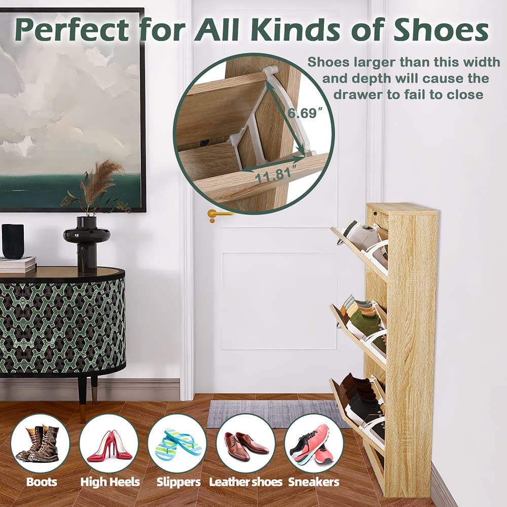 HOPUBUY Shoe Cabinet for Entryway, Narrow Shoe Storage Cabinet, Hidden Rattan Shoe Cabinet Wood 3 Tier Slim Shoe Rack for Home and Apartment, Nature