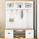 Merax Hall Tree with Bench and Shoe Storage, Farmhouse Wooden Coat Rack with Adjustable Shelves for Entryway, Living Room, White Merax