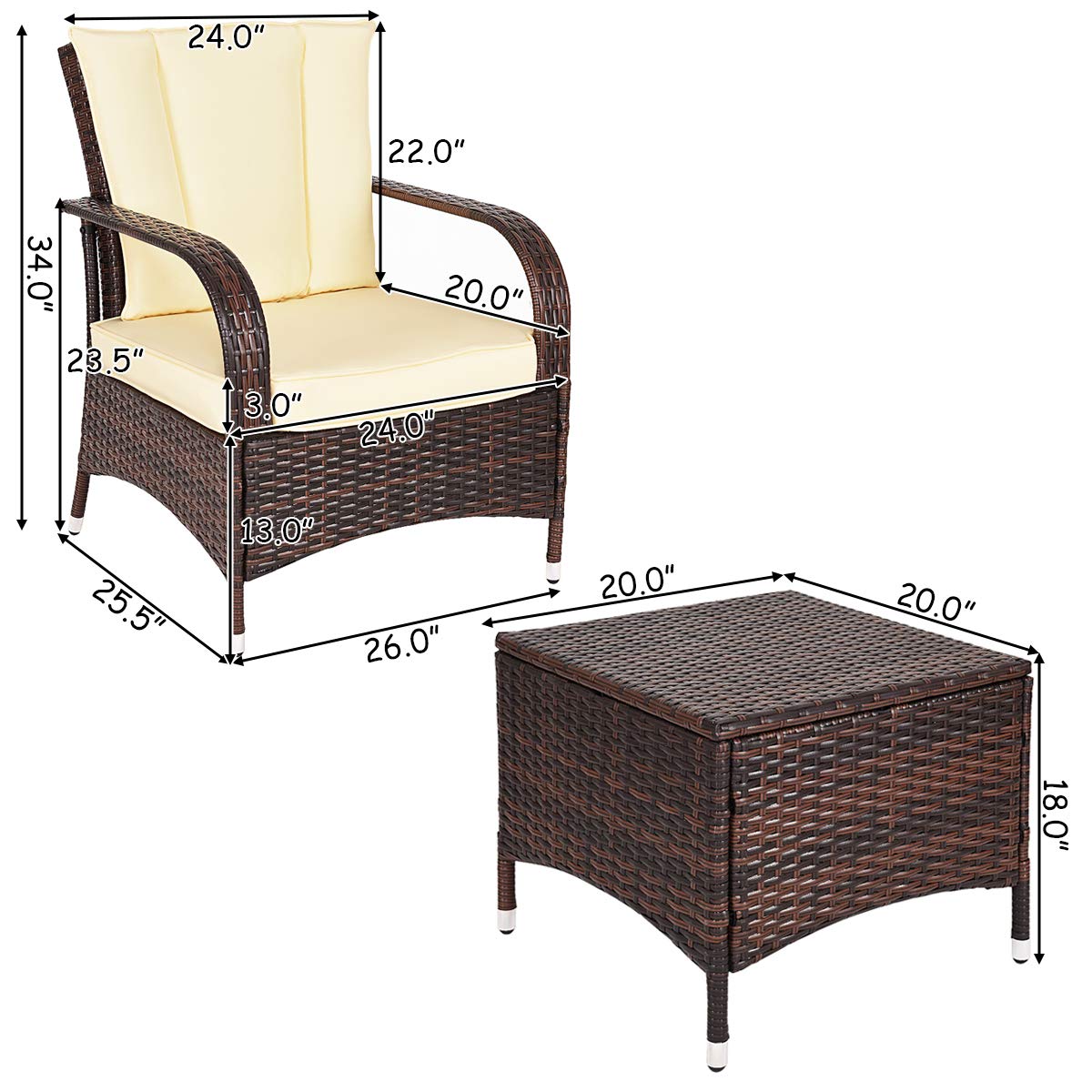 Tangkula 3 Piece Patio Furniture Set, 2 Wicker Chairs with Glass Top Coffee Table, Outdoor Garden Porch Poolside Furniture Set for 2, Rattan Conversation Set Tangkula