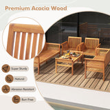Tangkula 5 Piece Patio Furniture Set, Acacia Wood Conversation Set with 3-Seat Bench, Loveseat, 2 Armchairs & Coffee Table, Cushioned Outdoor Chair Set for Porch, Balcony (Off White) Tangkula