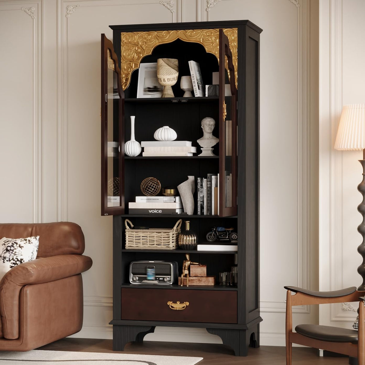 Timechee Modern Book Shelf with Drawers, 72" Tall Black Bookcase Storage Cabinet with Tempered Glass Doors and Open Shelves, Large Bookshelves and Bookcases, Display Cabinet Bookshelf for Living Room Timechee