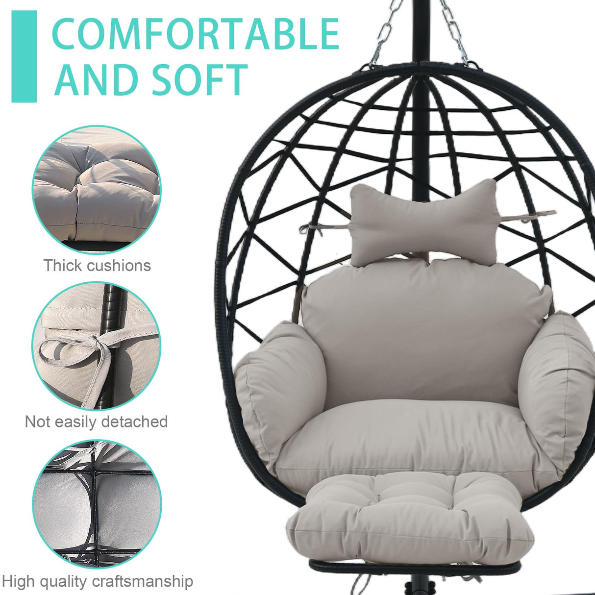 Jadoxy Hanging Egg Chair with Leg Rest, Indoor/Outdoor Swing Egg Chair Hammock Basket Seat Chair with Cushion for Porch Balcony Garden Patio (Ribbon+Rattan, Black+Grey White) Jadoxy