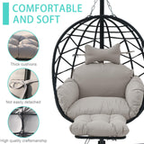 Jadoxy Hanging Egg Chair with Leg Rest, Indoor/Outdoor Swing Egg Chair Hammock Basket Seat Chair with Cushion for Porch Balcony Garden Patio (Ribbon+Rattan, Black+Grey White) Jadoxy
