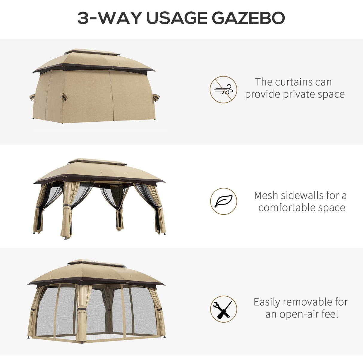 Outsunny 10' x 13' Patio Gazebo, Outdoor Gazebo Canopy Shelter with Netting, Vented Roof, Steel Frame for Garden, Lawn, Backyard, and Deck, Beige Outsunny