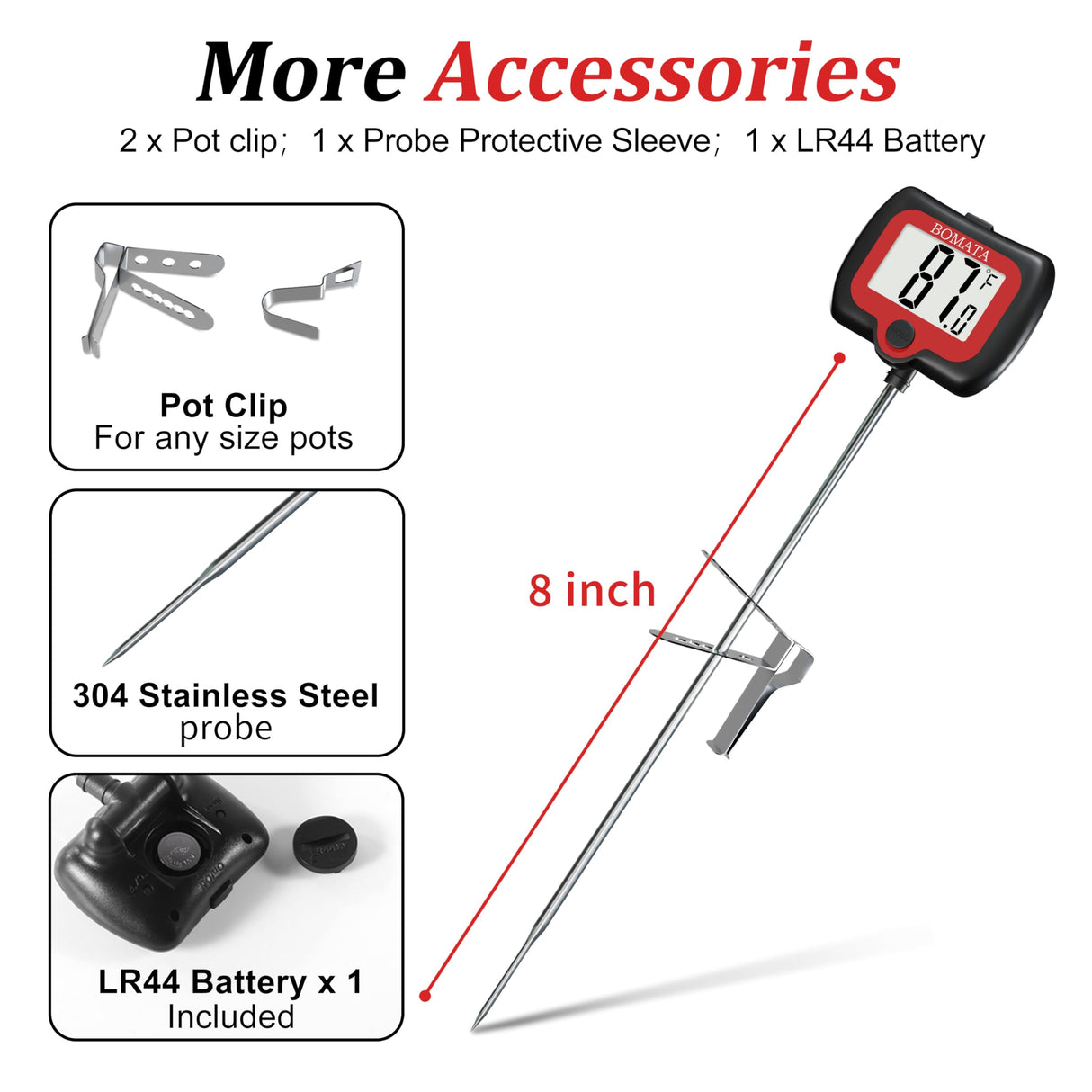 BOMATA Candy Thermometer with Pot Clip, Instant Read Cooking Thermometer with 8" Long Probe, Rotating Display, for Candy Making, Food, Candle Making, Liquids, Water, Baking, Sugar, Grilling. Black BOMATA