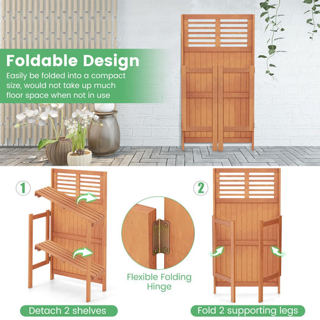 Toolsempire Garden Potting Bench Table, Folding Potting Bench Outdoor Workstation with Trellis & 2-Tier Shelves, Wood Potting Table for Outdoor, Deck, Balcony, Garden, Backyard Toolsempire