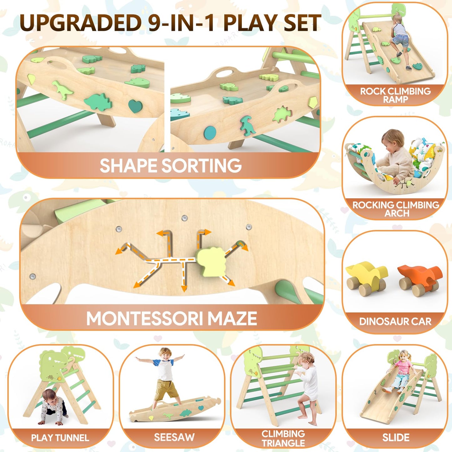 KidsBuddy Pikler Triangle Set with Cushion 9 in 1 Climbing Toys for Toddlers 1-3 Indoor Baby Climbing Gym Toddler Montessori Toys Wooden Climbing Toys with Maze Toys, Shape Sorting Toys, Dinosaur Car