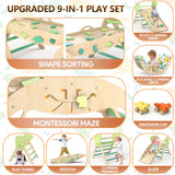 KidsBuddy Pikler Triangle Set with Cushion 9 in 1 Climbing Toys for Toddlers 1-3 Indoor Baby Climbing Gym Toddler Montessori Toys Wooden Climbing Toys with Maze Toys, Shape Sorting Toys, Dinosaur Car KidsBuddy