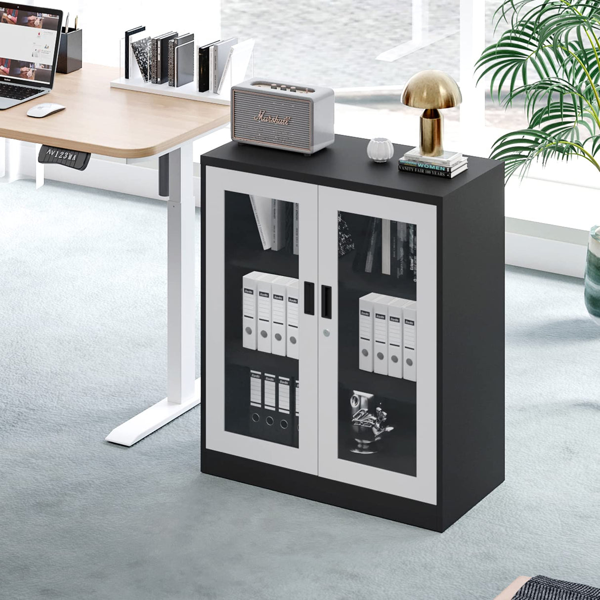 Yizosh Metal Storage Cabinet with Glass Doors - 35.4" Locking Display Cabinet with 2 Adjustable Shelves, 3-Tier Steel Cabinet Locker for Home Office, Living Room, Bedroom Yizosh