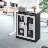 Yizosh Metal Storage Cabinet with Glass Doors - 35.4" Locking Display Cabinet with 2 Adjustable Shelves, 3-Tier Steel Cabinet Locker for Home Office, Living Room, Bedroom Yizosh