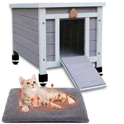 Rockever Outdoor Cat House,Outdoor cat Houses for Feral Cats Weatherproof Rabbit Hutch Small, Wooden Small Pet House and Habitats (Modern, Grey-with Mat)
