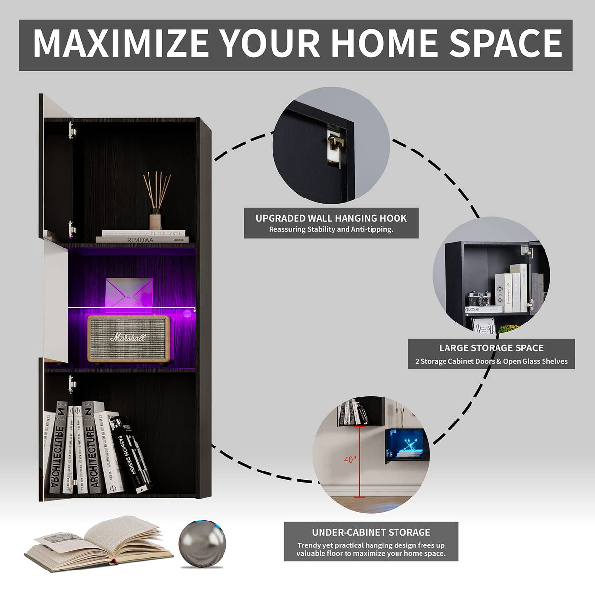 AMERLIFE Wall Storage Cabinets with LED Lights, Modern High Gloss Hanging Cabinets with 4 Closed Doors & Open Glass Shelves, for Living Room/Bedroom/Office, Black(Set of 2) AMERLIFE