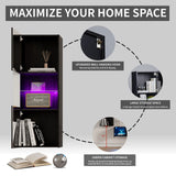 AMERLIFE Wall Storage Cabinets with LED Lights, Modern High Gloss Hanging Cabinets with 4 Closed Doors & Open Glass Shelves, for Living Room/Bedroom/Office, Black(Set of 2) AMERLIFE