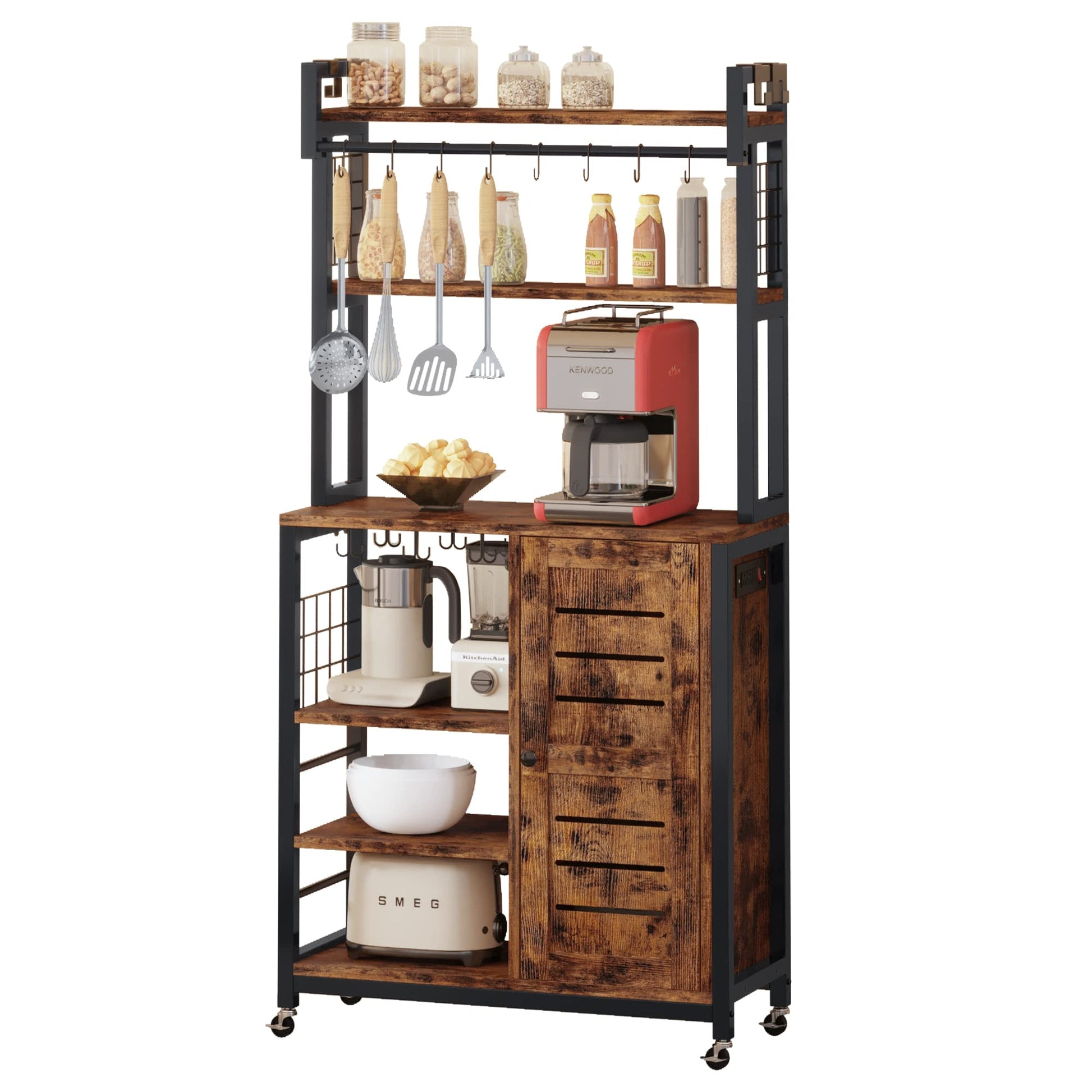 IRONCK Vintage Brown Bakers Rack with Power Outlets, Wheels, and Storage Cabinet - WoodArtSupply