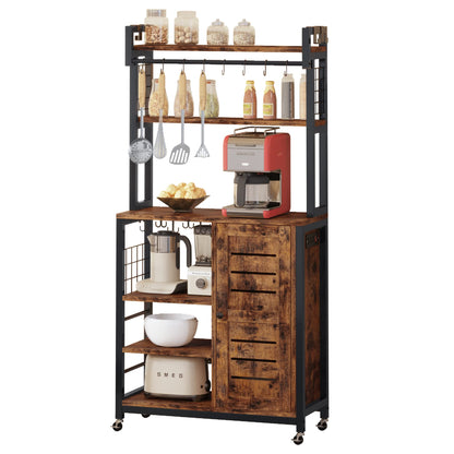 IRONCK Vintage Brown Bakers Rack with Power Outlets, Wheels, and Storage Cabinet - WoodArtSupply