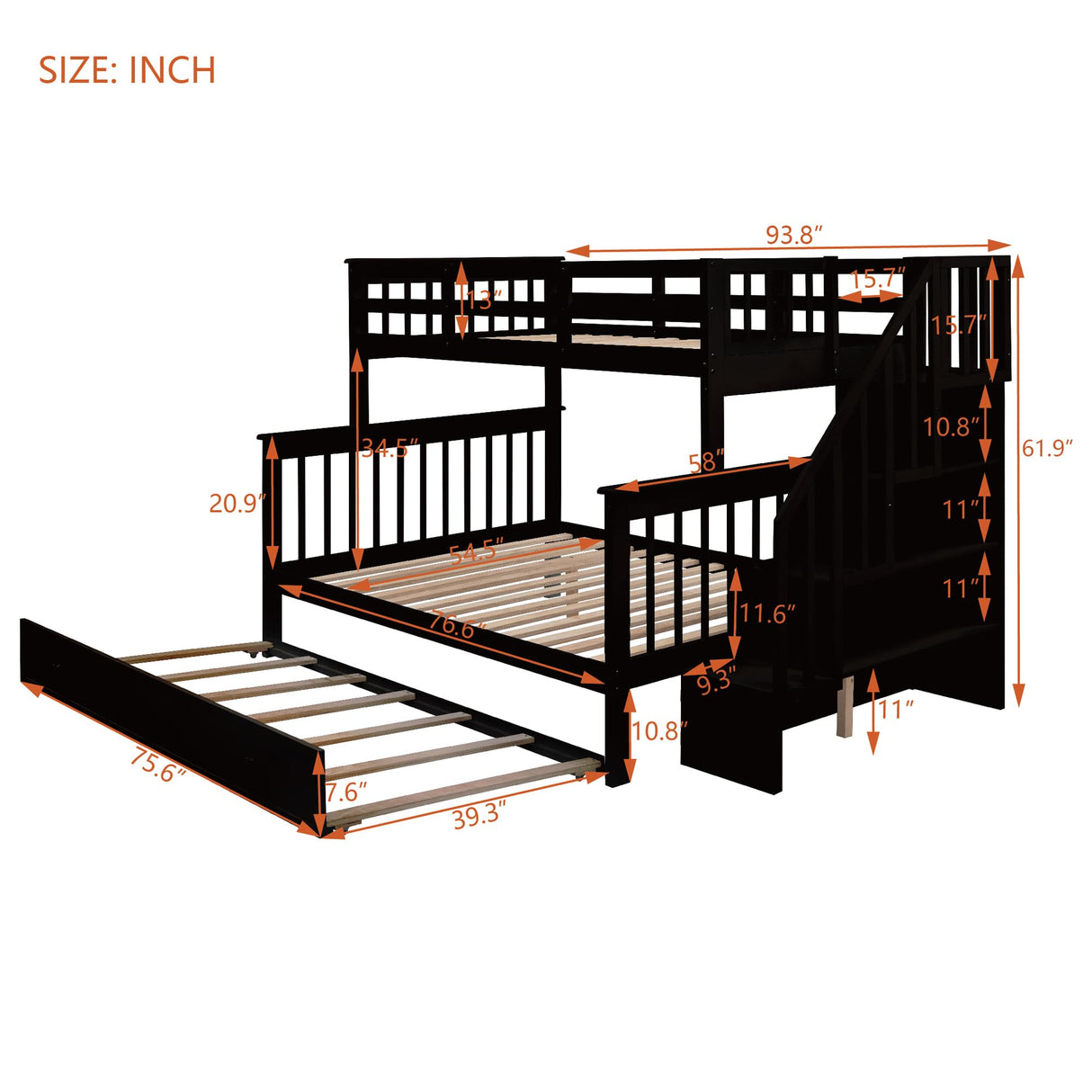 Merax Twin-Over-Full Stairway Bunk Bed with Trundle, Storage Staircase and Full Length Guardrail, Solid Wood Storage Bunk Bed with Trundle, No Spring Box Needed (Espresso) Merax