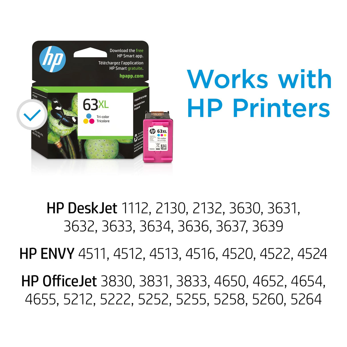 HP 63XL Tri-color High-yield Ink | Works with HP DeskJet 1112, 2130, 3630 Series; HP ENVY 4510, 4520 Series; HP OfficeJet 3830, 4650, 5200 Series | Eligible for Instant Ink | F6U63AN HP