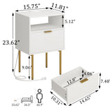 Modern Nightstand with Charging Station and LED Lights, White Bedside Table with Drawer, Fluted Side Table for Living Room, Bedroom JOONEE