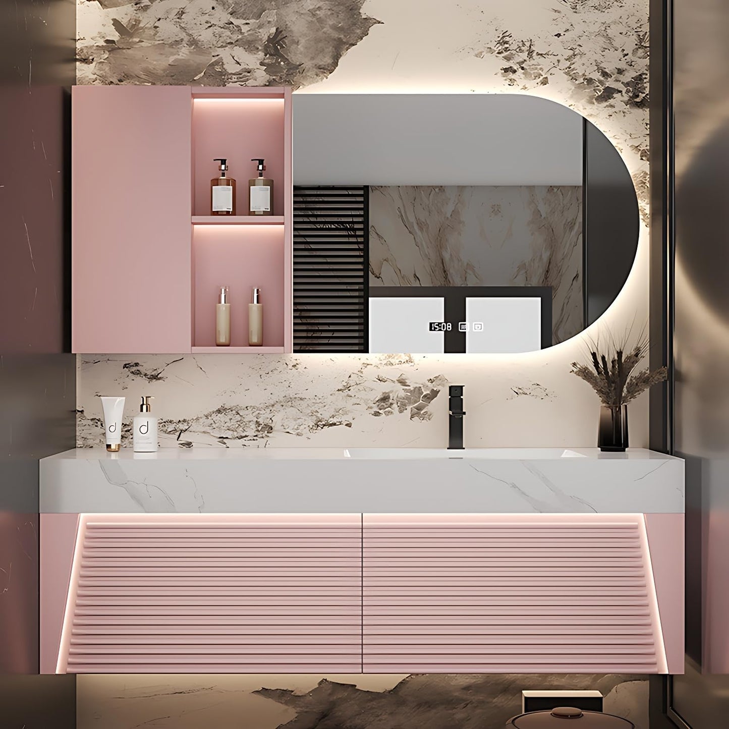 ZGNBSD Floating Bathroom Vanity - Bathroom Vanity with Sink & Smart LED Defog Mirror Cabinet | Solid Wood Luxury Bathroom Vanity | Wall Mounted Installation (Pink, 60")