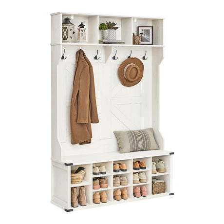 VASAGLE White Hall Tree with Bench and Shoe Storage, Coat Rack with Shoe Bench, Entryway Furniture, 16 Open Compartments & Adjustable Shelf, 6 Tri-Hooks, Farmhouse Wooden Style, Rustic White VASAGLE
