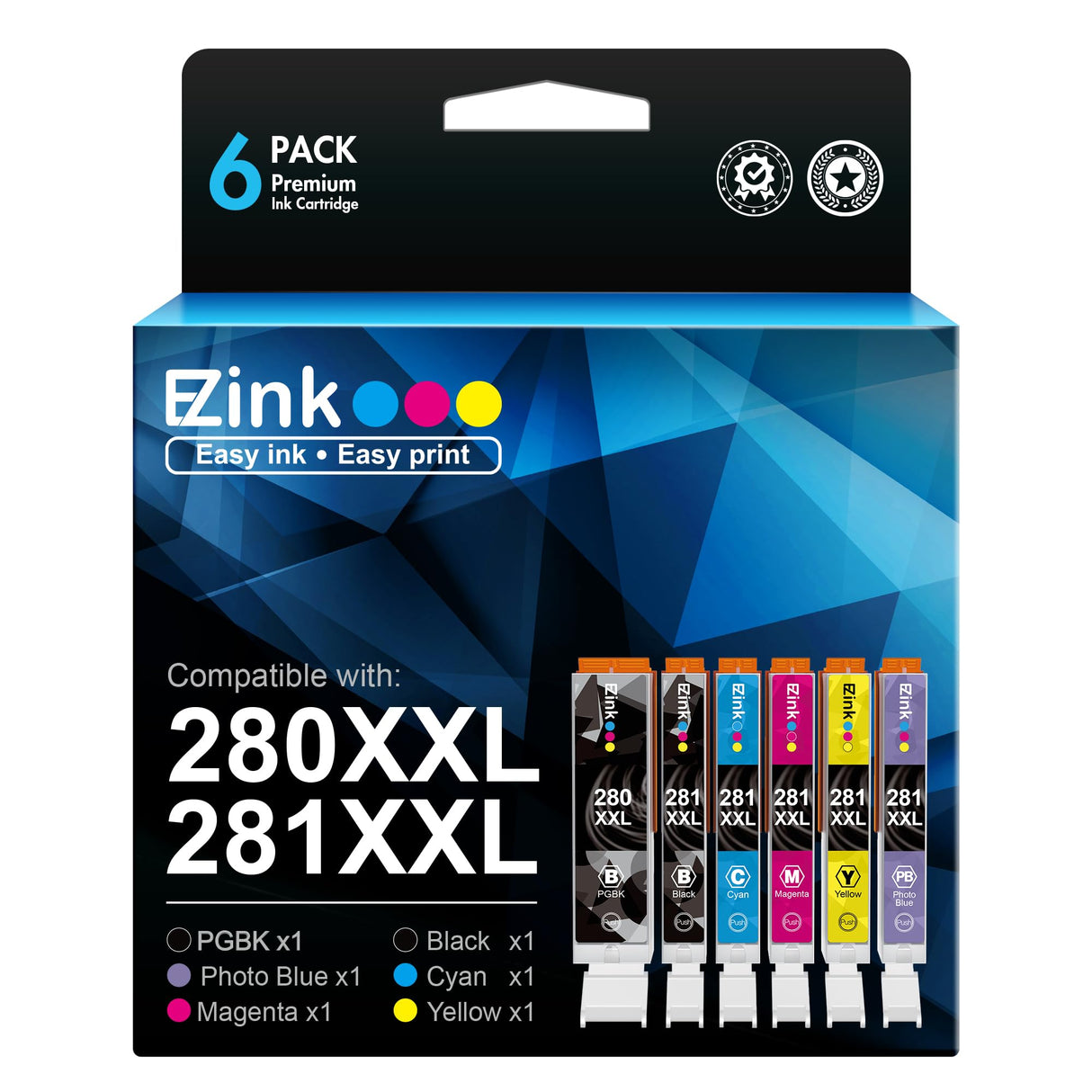 E-Z Ink Compatible Ink Cartridge Replacement for Canon PGI-280XXL CLI-281XXL PGI 280 XXL CLI 281 XXL to use with PIXMA TS8320 TS8220 TS8120 (PGBK, Black, Photo Blue, Cyan, Magenta, Yellow) 6 Pack E-Z Ink