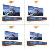 EXQUAL Floating TV Stand, Wall Mounted TV Shelf with Led Lights & Power Outlet, 71" Modern Entertainment Center Media Console with Storage, High Gloss TV Cabinet for 65/75/80 inch TV EXQUAL