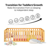 Solid Wood Montessori Floor Bed with Fun Door and Safety Guardrails for Kids LLS