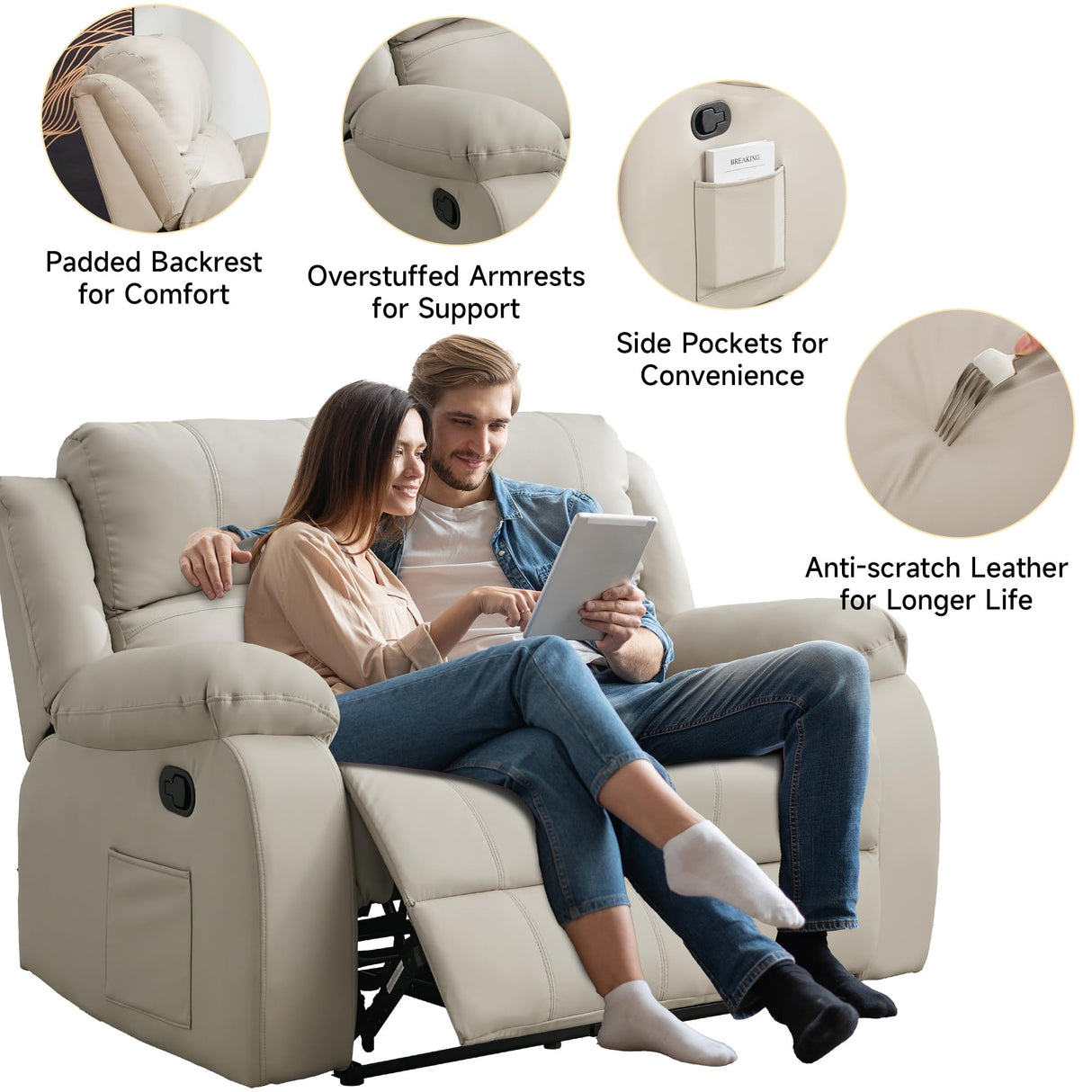 GNMLP2020 Reclining Loveseat Sofa Leather Recliner Couch 2 Seater Sofa for Living Room, Home Theater Seating(Loveseat,Beige) GNMLP2020