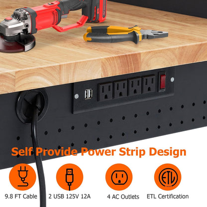 Workbench 48" x 24" Adjustable Height Worktable, Heavy Duty Rubber Wood Top, 2000 LBS Load Capacity, Tool Storage Workstation with Drawer, Pegboard, Power Outlets & Lockable Wheels