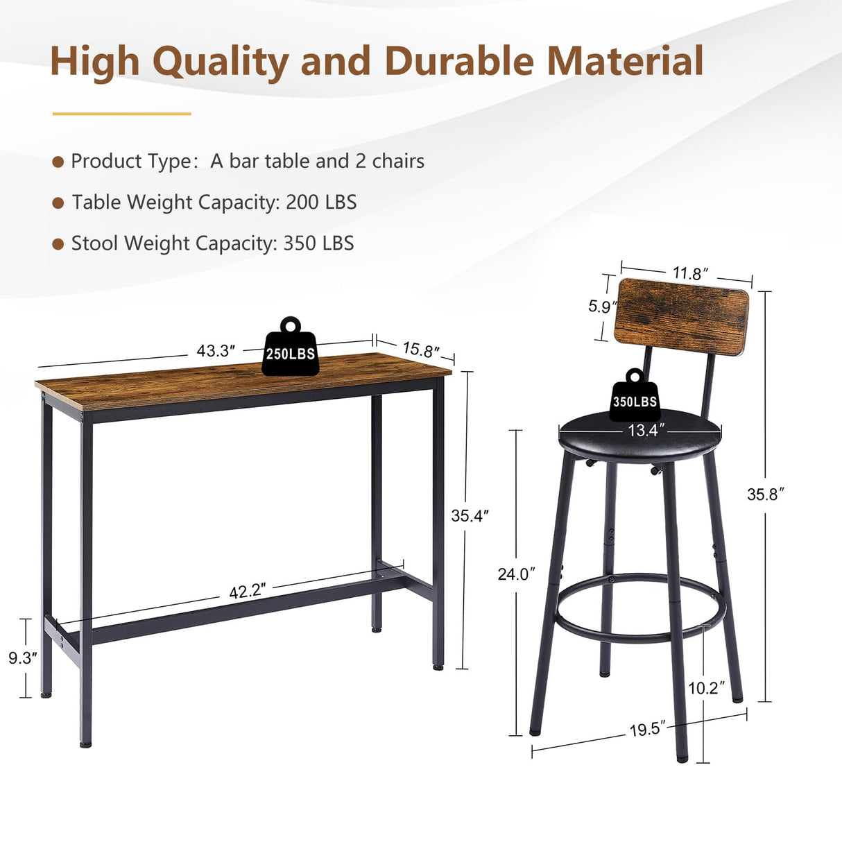 Tatub Industrial Bar Table and 2 Stools Set with PU Upholstery, Rustic Brown Finish Tatub