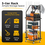 JIRTEMOT Fishing Rod Holder Organizer with Fabric Drawer & Pegboard, Space-Saving Garage Storage for 12 Rods, Reels, Tackle Boxes, Portable Fishing Gear Cart for Easy Access & Mobility JIRTEMOT