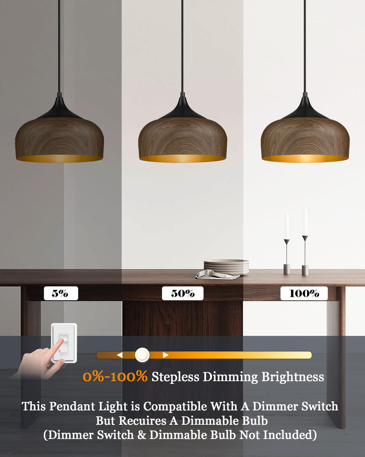 ELYONA Modern Pendant Light Walnut Wooden Pattern Dome Pendant Light Fixture Matte Black Metal Gold Inner Finish Adjustable Hanging Lighting for Kitchen Island Dining Room Office Hallway Foyer Bedroom ELYONA